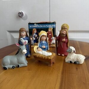 A Child Is Born 6 Piece Nativity Set Mary Jesus Wisemen Lamb Donkey Cottage